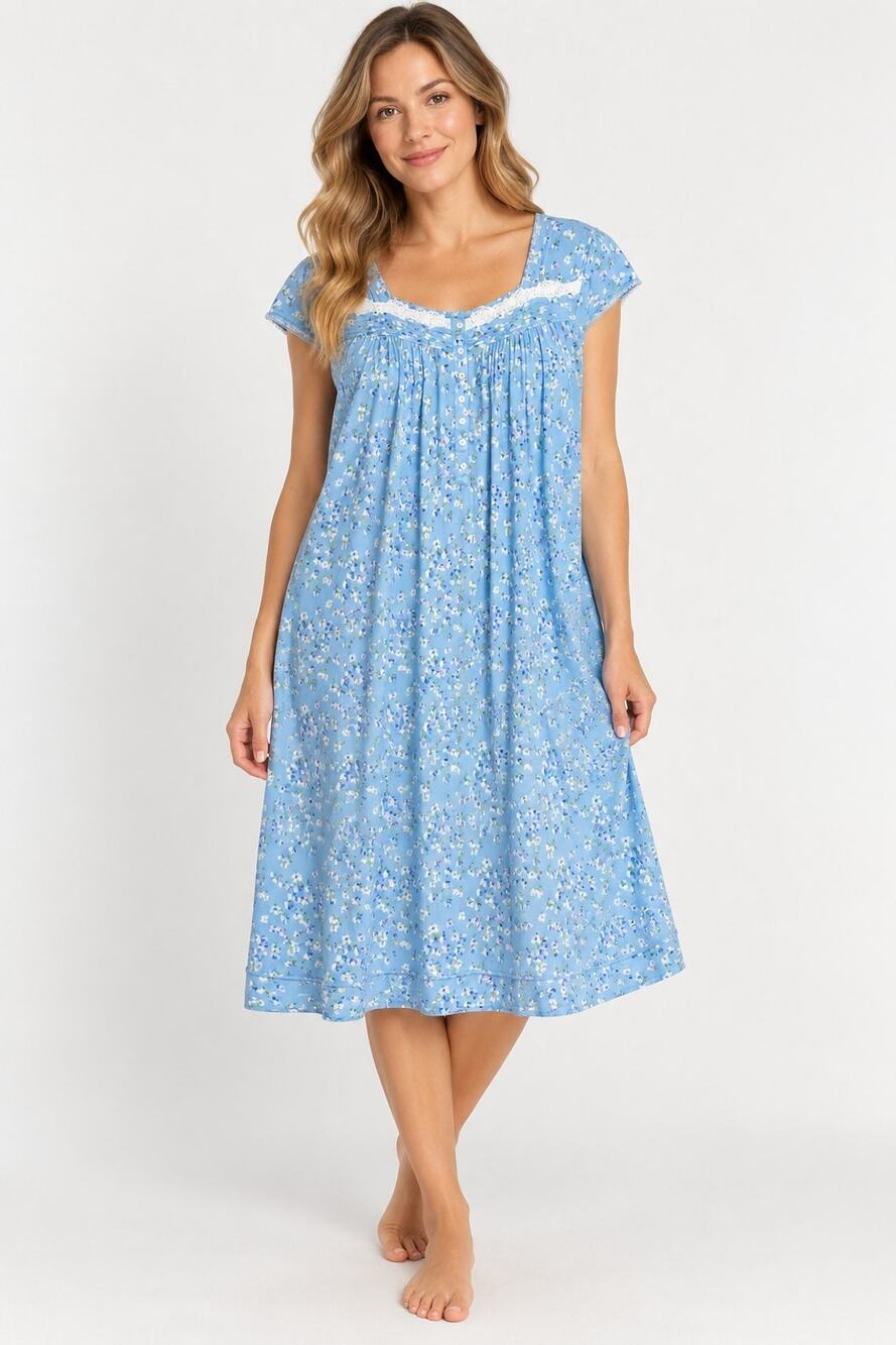 Eileen West Cotton Blend Blue White Floral Nightgown 1X